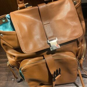 Tan Faux Leather Diaper Backpack with Turquoise Lining